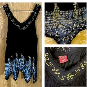 Navy Blue Swing Embroidered Tie Dye Swing Sleeveless Tunic Top